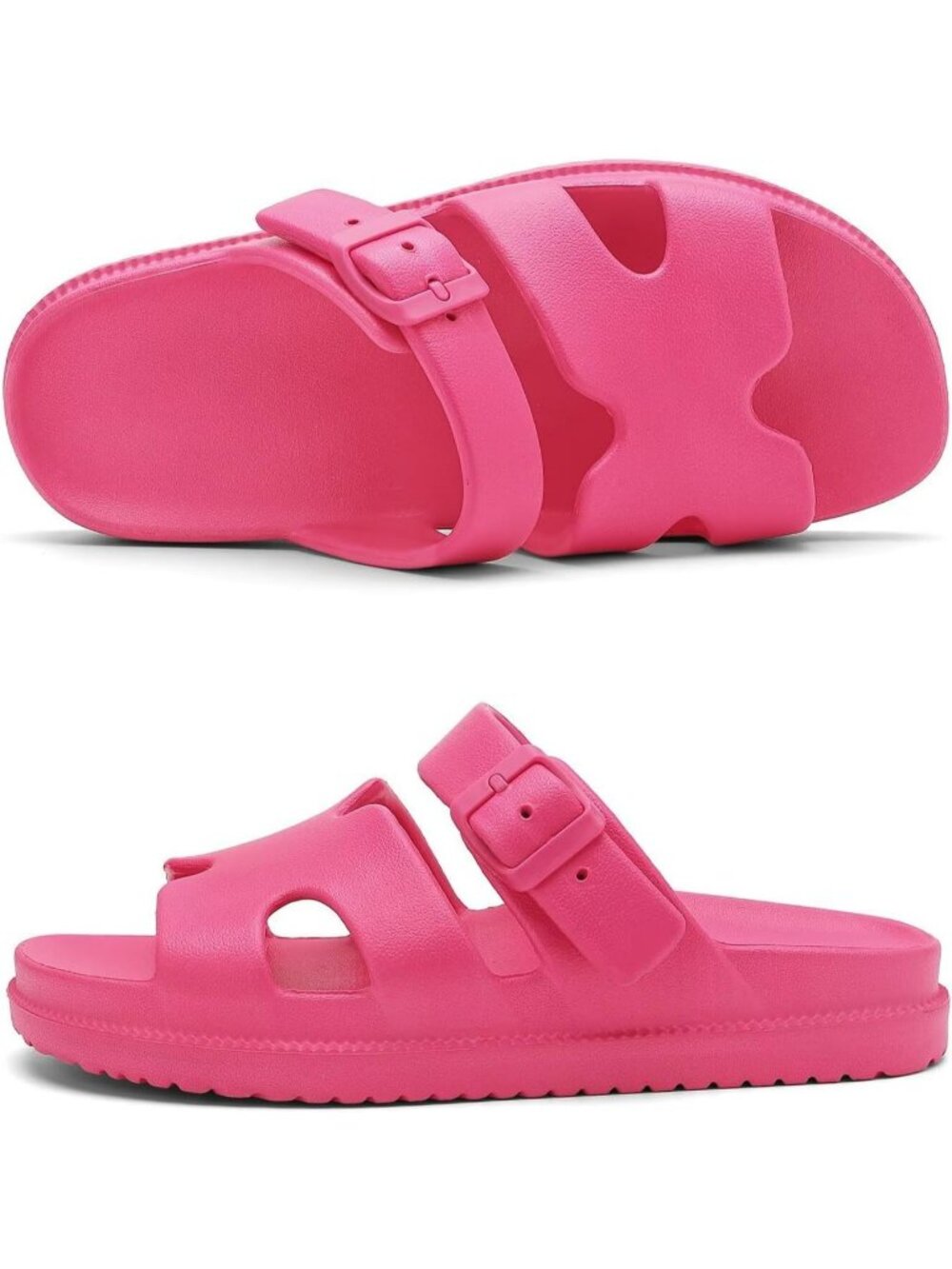 Women's Hot Pink Flat Sandal Arch Support Summer Beach Slip on Slides H-Strap - Picture 4 of 6